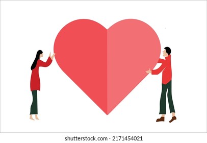 Men and women hold hearts as a symbol of love and a large heart in the center represents love for one another.