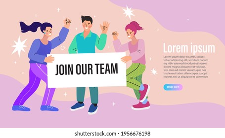 Men and women holding banners join our team. Recruitment concept with people characters, agency interview. we are hiring. Vector illustration