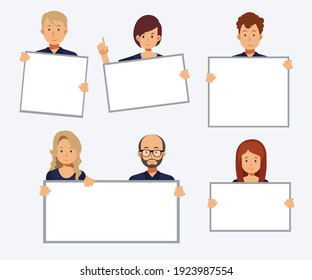 Men and women holding blank board banners. put your text here. Half body people, Protesting crowd, political meeting, parade. flat vector cartoon character illustration.