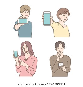 Men and women are holding cell phones. The screen is looking forward. hand drawn style vector design illustrations. 