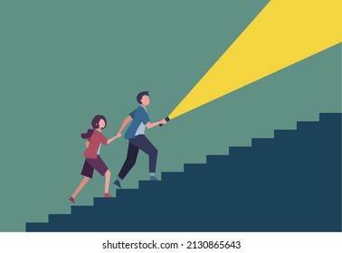 Men and women holding hands and climbing stairs, flashlights