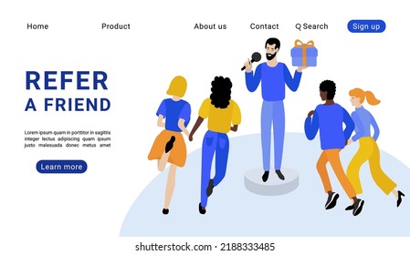 Men and women holding hands, running together to a person speaking into a microphone, holding a gift box. Referral program design concept. Modern flat style illustration. Vector webpage template