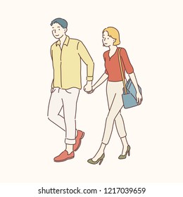 Men and women are holding hands together. hand drawn style vector design illustrations.