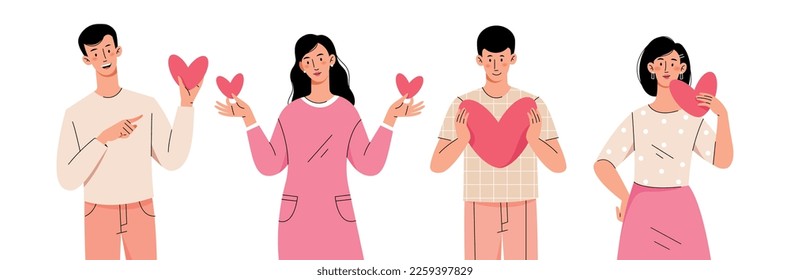 Men and women holding hearts. Concept of love, assistance, care and support. People in love. People are volunteers. Vector isolated characters on a white background.