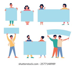 Men and women holding placards. Empty protesters for advertising, people on parade or demonstration. Blank poster, boys and girls showing boards. Cartoon flat isolated illustration. Vector set