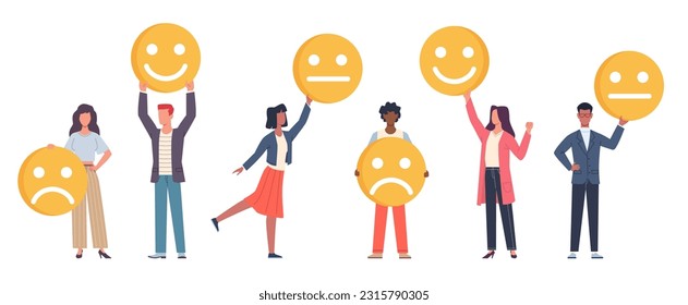 Men and women holding posters with different emotions. People with yellow faces, emoji happy and sad. Customer feedback, social media satisfaction meter, cartoon flat isolated vector set