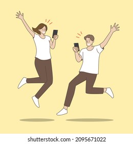 Men and women holding smartphones jumping and happy. Hand draw style. Vector illustration.