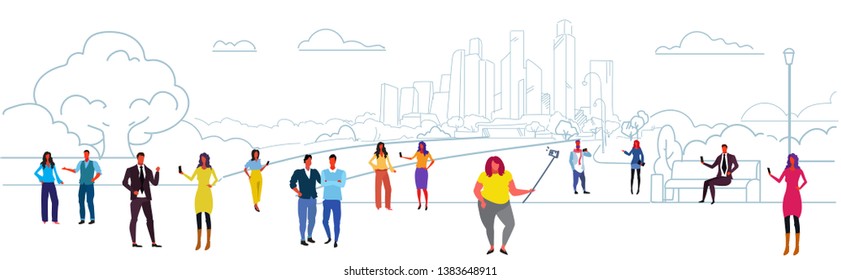 men women holding smartphones taking selfie and using their phones communication concept people walking outdoor urban park landscape background sketch horizontal