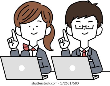 Men and women in the hospitality business who point at them while using a computer