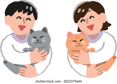 Men and women hugging cats with a smile