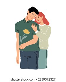 Men and women hugging  and cuddling. Cute eople in romantic relationships. Colored flat vector illustration of lovers and sweethearts isolated on white background