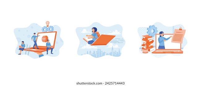 Men and women increase education in computer technology. Back to school. Distance education. Education concept. Set flat vector illustration