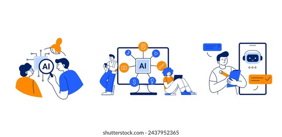 Men and women interact with artificial intelligence apps. AI technology helps with productivity work and study in the modern world. Vector flat illustrations isolated on a white background.