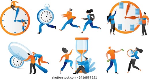 Men and women interacting with oversized clocks and hourglass, symbolizing time management and deadlines. Office workers racing against time, planning schedules vector illustration.