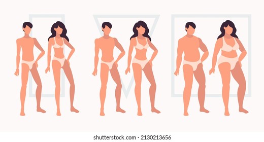 Men and women isolated on white background. Body types: ectomorph, mesomorph, endomorph. Vector illustration in flat cartoon style.