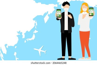 Men and women, Japanese men and Caucasian women, recommending vaccine passports for travel abroad.
