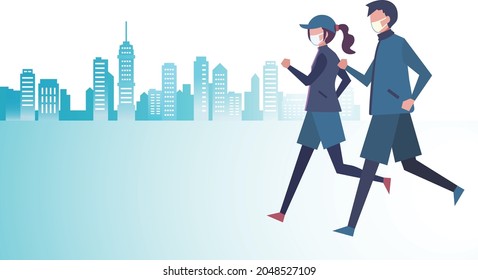 Men and women jogging in the city wearing masks