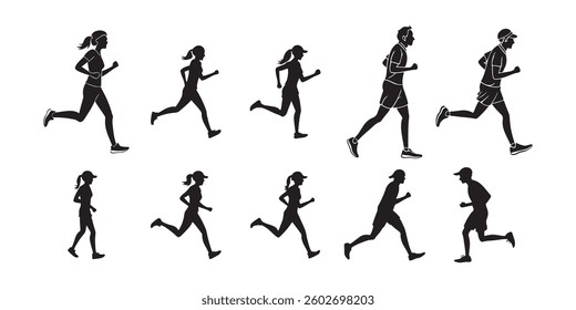 Men and Women jogging icon set silhouette vector art illustration on white background