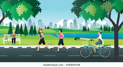 Men and women jogging and relax in the city park.