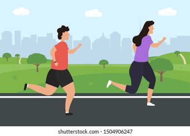 Men and women jogging running. People run in a city park against the background of the silhouette of the city, skyscrapers and buildings. Vector illustration in flat design.