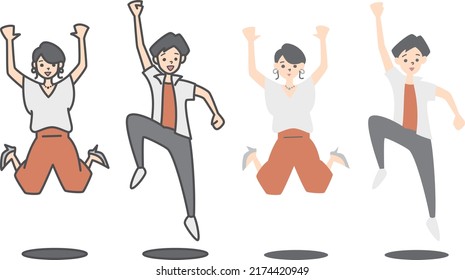 Men and women jumping with their hands raised