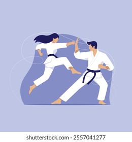 men and women as karate participants who are fighting