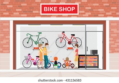 Men and women with kids buying bicycle at bike shops, shop vector illustration.