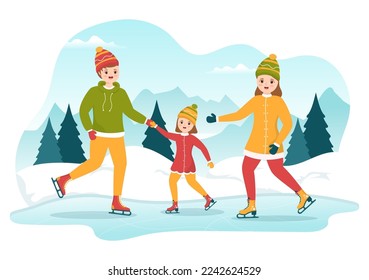 Men, Women and Kids Skating on Ice Rink Wearing Winter Clothes for Outdoor Activity in Flat Cartoon Hand Drawn Templates Illustration
