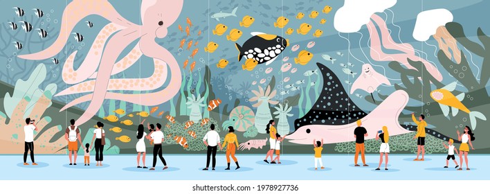 Men women and kids watching giant sea creatures and underwater plants in oceanarium flat horizontal vector illustration