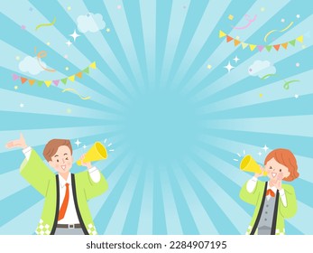 Men and women in legal coats calling in with megaphones and design background