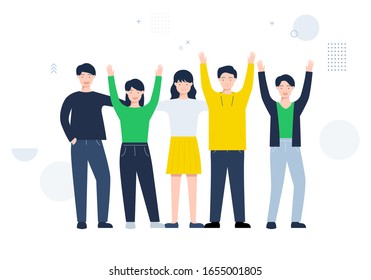 Men and women lifting hands and cheering. Vector illustration for business.