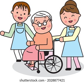 Men and women in long-term care snuggling up to a wheelchair for elderly women 