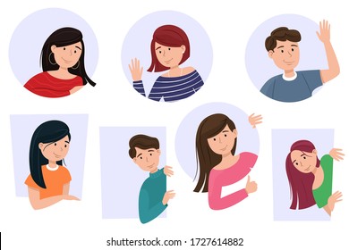 Men and women look out, cartoon characters are smiling. Curious people, vector isolates in cartoony flat style.
