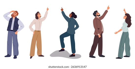 Men and women look up pointing their index finger to sky. People showing upwards. Hand gesture. Guy pointing with forefinger. Target search pose. Girl raising arm. Standing young persons vector set