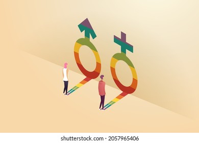Men and women look at the reflections of gender symbols and transgender men. transgender woman Non-binary individual rights Transgender LGBTQ community. isometric vector illustration.