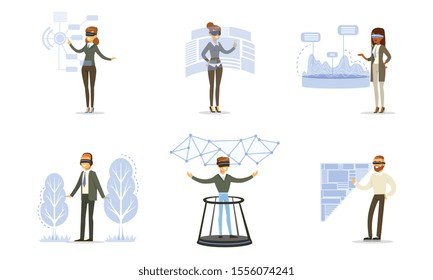 Men and women look at the world through virtual reality glasses. Vector illustration.