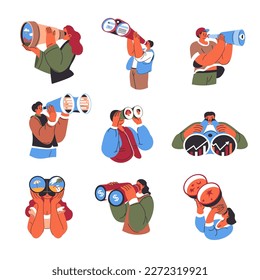 Men and women looking through binoculars, people with opportunity for rest by seaside. Watching stars and people, witnessing a change in economy and business development. Vector in flat style