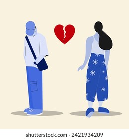 Men and women love breakup concepts and heart broken flat art, vector illustration.