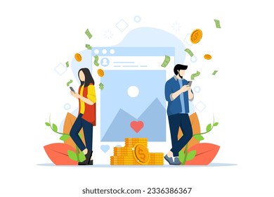 Men and women make money online on social media. Blogger successfully monetizes blog. Concept of blog monetization, earn money on internet, online income. Vector illustration in flat shape.