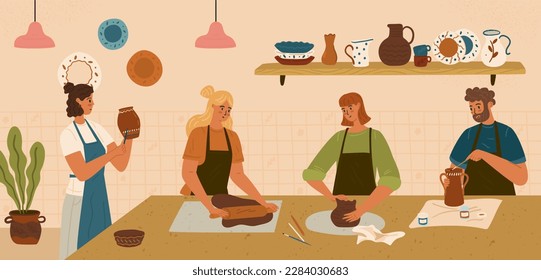 Men and women making ceramic jugs and pots at pottery workshop. People enjoying their craft hobby. Clay handicraft workshop vector illustration