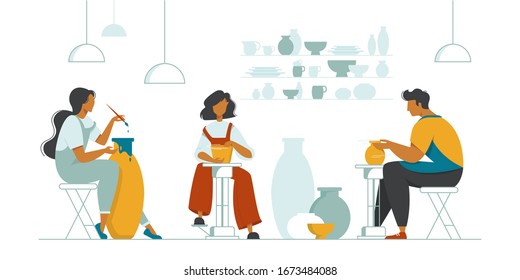 Men and women making clay pots, crockery and other ceramics at pottery workshop. Pottery studio, pottery hobby. Handcrafted earthenware. Ceramics. Colorful vector illustration in flat cartoon style