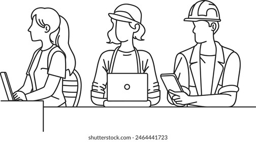 Men and women making inquiries using smartphones and computers, nline communication, digital devices, internet usage, information retrieval,  line art vector illustration, modern line art. 