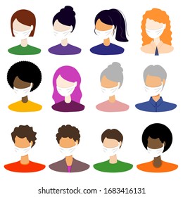 Men and women in masks of different ages and different races vector graphic illustration set. Coronavirus pandemic concept.