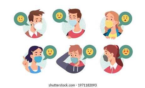 Men, women in masks talking expressing emotions. Happy, surprised, confused persons laughing, showing gestures, scratching head. Facial expressions communication set. Flat vector face illustration