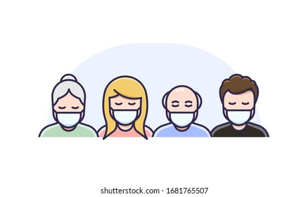 Men and Women in medical face protection mask. Vector icon of symptomatic or asymptomatic people wearing protective surgical mask. illustration for concepts of disease,  coronavirus, quarantine