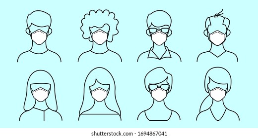 Men and Women in medical face protection mask. Portrait or Person Head. illustration for concepts of disease, sickness, alergies, pollution, corona