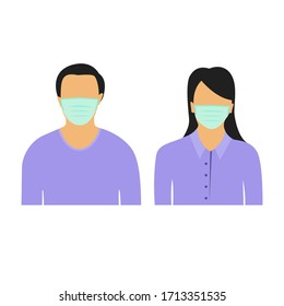 
Men and Women in medical face protection masks. Vector illustration of person wearing a surgical surgical mask. illustrations for concepts of disease, disease, allergies, pollution, corona virus