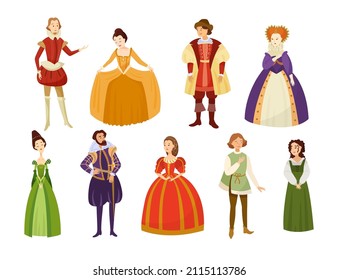 Men and women in medieval costumes cartoon illustration set. Queen, princess and aristocrats characters with hairstyles wearing renaissance carnival clothes and vintage dresses. History, style concept