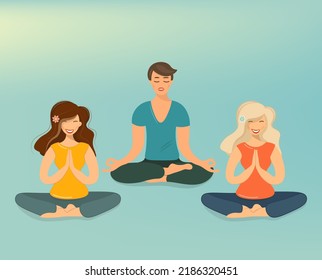 Men and women meditate in the lotus position. Diverse group of people doing meditation in yoga pose. Health care, wellbeing, exercise, stress relief concept. Minimal vector illustration.