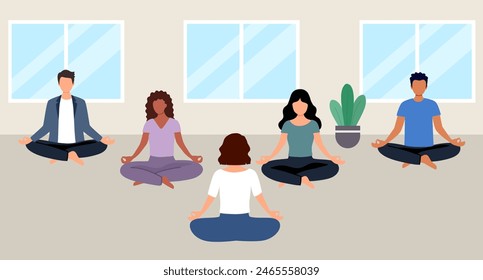 Hombres y mujeres meditan sentados en postura de loto. Personajes masculinos y femeninos en clase de yoga haciendo meditación. Estilo de vida saludable, equilibrio mental.